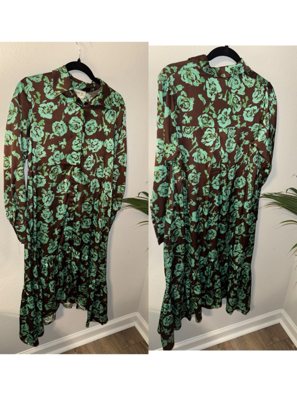 Long Sleeve Floral Midi Dress in Brown and Mint